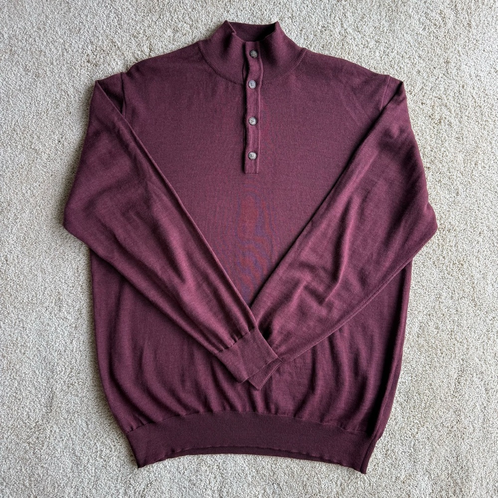 Paul Fredrick Merino Wool Sweater Mens XXL Burgundy Mock Neck Button Pullover